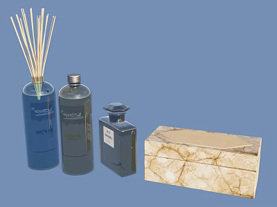 Elegant Bathroom Accessories With Reed Diffuser Bottles And Marble Texture Box 3d model