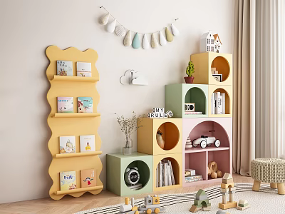 Kids Room Colorful Bookcases Wave Design Green Pink Multi Layer With Books Toys And Decorations 3d model