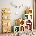 Kids Room Colorful Bookcases Wave Design Green Pink Multi Layer With Books Toys And Decorations