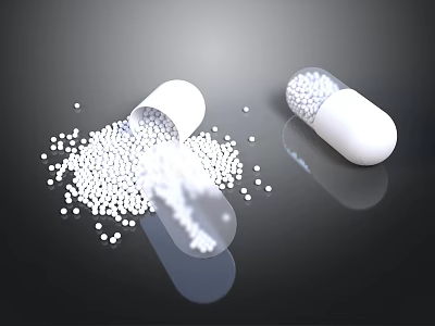 White Food Pellets Spilled From Open Capsule On Black Surface 3d model