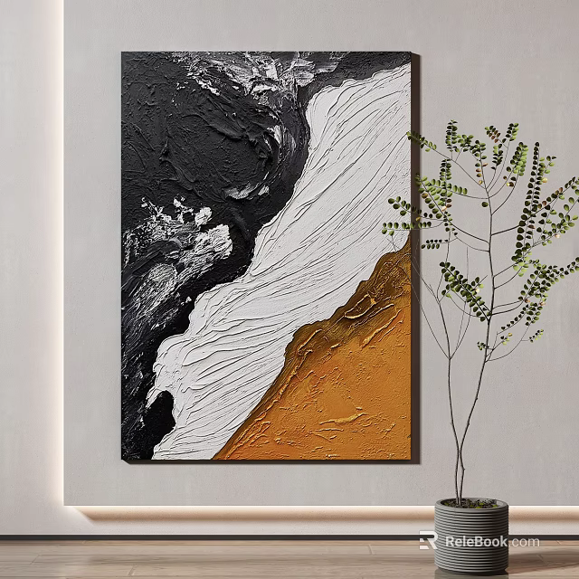 Thick Textured Abstract Painting With Black White Orange Hues Hanging on Wall With Potted Plant 3d model 