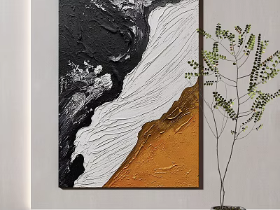 Thick Textured Abstract Painting With Black White Orange Hues Hanging on Wall With Potted Plant 3d model
