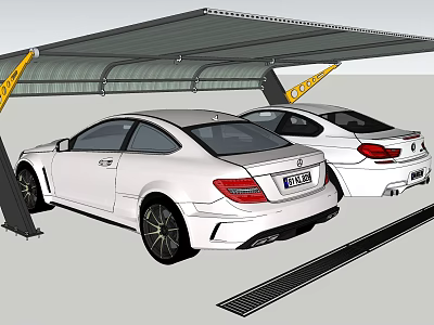 Sturdy Metal Frame Carport with Gray Roof and Yellow Supports for Two White Cars Parking 3d model