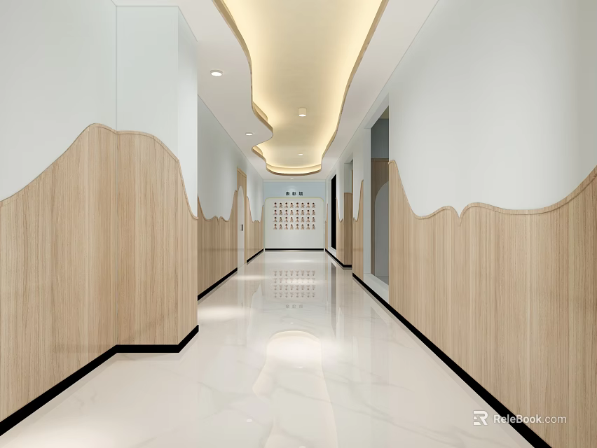 Elevator Corridor With Wooden Wave Shaped Walls And Marble Flooring 3d model