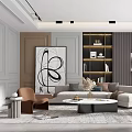 Modern Living Room Interior Design With Sofa Coffee Table Rug Abstract Artwork And Display Shelf