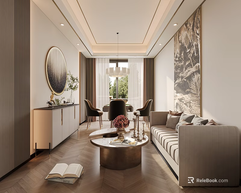 Entertainment Room Interior Design Featuring Sofa Round Coffee Table Decorative Painting Round Mirror And Books 3d model 