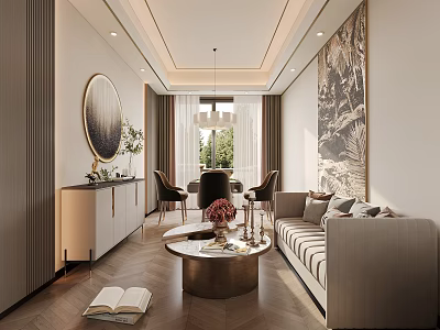 Entertainment Room Interior Design Featuring Sofa Round Coffee Table Decorative Painting Round Mirror And Books 3d model