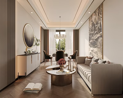 Entertainment Room Interior Design Featuring Sofa Round Coffee Table Decorative Painting Round Mirror And Books 3d model