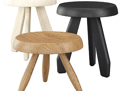 Round Three Legged Stools In Light Wood Black And Beige Colors 3d model