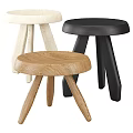 Round Three Legged Stools In Light Wood Black And Beige Colors
