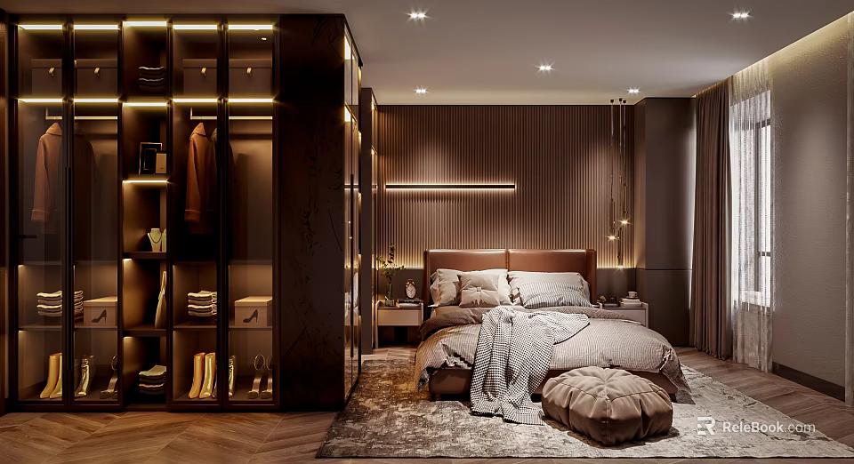 Modern Luxury Bedroom Interior With Bed Wooden Wardrobe Gray Tones Rug And Wood Paneling 3d model 
