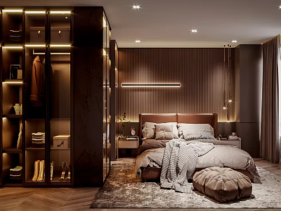 Modern Luxury Bedroom Interior With Bed Wooden Wardrobe Gray Tones Rug And Wood Paneling 3d model