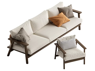 Light Colored Multi Person Sofa With Wooden Armrests Gray Orange Pillows And Matching Single Armchair 3d model