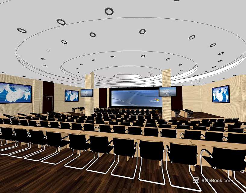 Spacious Conference Room Featuring Rows of Chairs Large Screen World Maps Circular Ceiling Wooden Flooring 3d model 