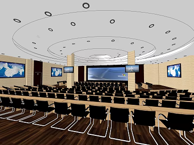 Spacious Conference Room Featuring Rows of Chairs Large Screen World Maps Circular Ceiling Wooden Flooring 3d model