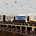 Spacious Conference Room Featuring Rows of Chairs Large Screen World Maps Circular Ceiling Wooden Flooring