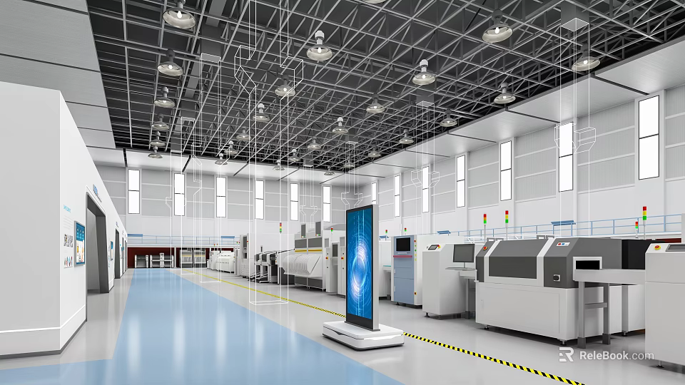 Industrial Workshop Interior With Machinery Equipment Large Screen Display And Ceiling Lights 3d model 