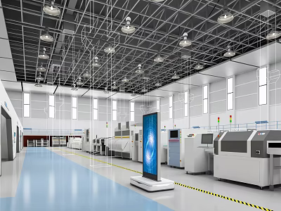 Industrial Workshop Interior With Machinery Equipment Large Screen Display And Ceiling Lights 3d model