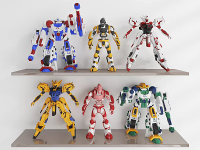 Colorful Robot Models Displayed On Glass Shelves With Various Colors And Designs 3d model