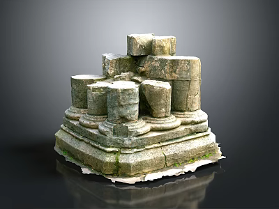Ancient Wooden And Stone Stacked Building Components With Cylindrical Square Blocks And Mossy Base 3d model