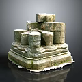 Ancient Wooden And Stone Stacked Building Components With Cylindrical Square Blocks And Mossy Base