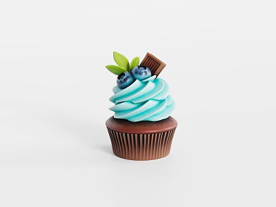 Delicious Cupcake With Light Blue Frosting Blueberries Green Leaf And Chocolate Piece 3d model