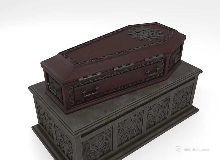 Mysterious Character And Undead Creature Gothic Coffin With Ornate Carved Base And Decorative Metal Clasps 3d model 