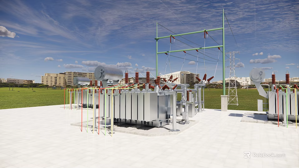 Outdoor Charging Station with Electrical Equipment Green Grassland and Distant Buildings Under Blue Sky 3d model 