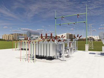 Outdoor Charging Station with Electrical Equipment Green Grassland and Distant Buildings Under Blue Sky 3d model
