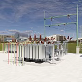 Outdoor Charging Station with Electrical Equipment Green Grassland and Distant Buildings Under Blue Sky
