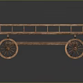 Vintage Wooden Cart Featuring Railings and Spoked Wheels on Reflective Surface