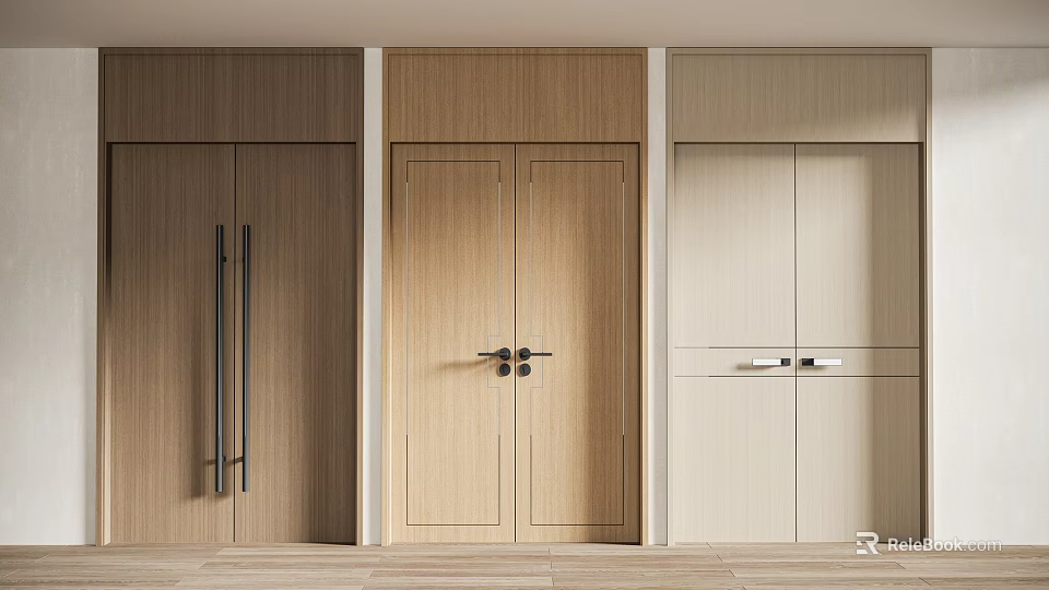 Modern Wooden Double Doors Interior Design With Light Wood Finish And Metal Handles 3d model 
