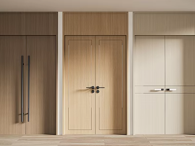 Modern Wooden Double Doors Interior Design With Light Wood Finish And Metal Handles 3d model