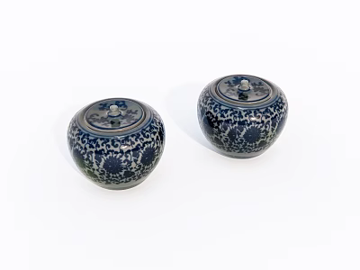 Traditional Ceramic Jars Blue And White Floral Pattern With Decorative Lids On White Background 3d model