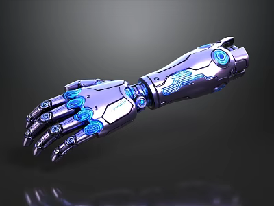 Futuristic Silver Robotic Arm With Blue Lights And Technological Design 3d model