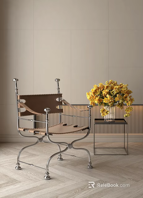 Elegant Brown Leather Accent Chair With Metal Frame And Yellow Flower Bouquet On Side Table 3d model 