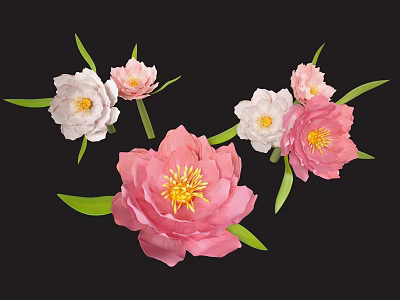 Pink And White Peony Vase Flowers With Green Leaves On Black Background 3d model