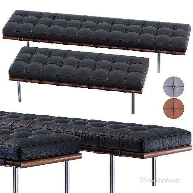 Black Leather Tufted Sofa Bench With Metal Legs And Wooden Frame Design 3d model 