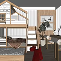 Cozy Kids Room Interior Design With Wooden Bunk Bed Desk Chair Green Plant And Toys