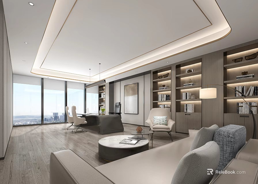 Modern Office Interior Design With Large Windows Desk Sofa And Bookshelves 3d model