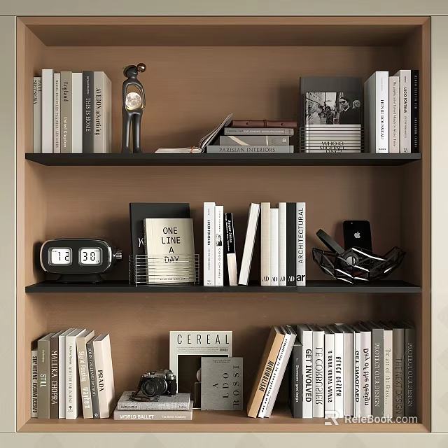 Home Stylish Decorative Ornament Set With Books Clock Photo Frame And Cereal Letters On Bookshelf 3d model 