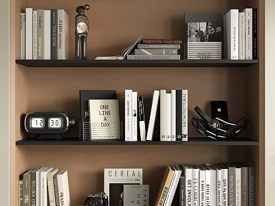 Home Stylish Decorative Ornament Set With Books Clock Photo Frame And Cereal Letters On Bookshelf 3d model