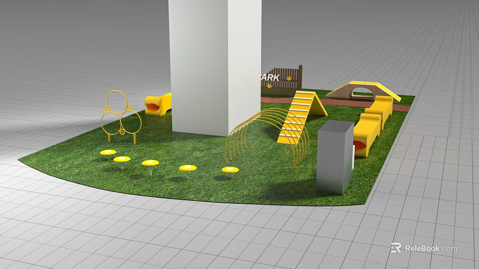 Interactive Yellow Pet Toys Playground With Grass Slide Ring And Tunnel Structures 3d model