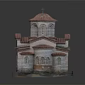 Cartoon Style Church Scene With Red Roof Tiles Domes Cross Stone Walls And Arched Windows