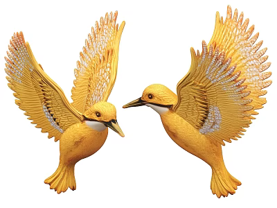 Two Yellow Kingfishers with Spread Wings and White Orange Feather Details in Flight Pose 3d model