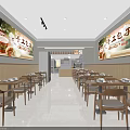 Bright Modern Restaurant Interior With Dining Tables Chairs Tableware Decorative Posters And Beverage Cooler 3d model