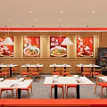 Shopping Mall Restaurant Interior With Red Chairs Neat Dining Tables Wooden Walls And Menu Posters