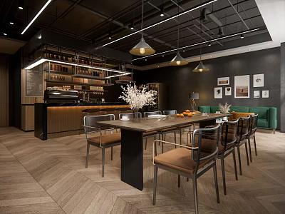 Modern Cafe Interior Design With Dining Table Chairs Pendant Lights Bar Counter And Wall Decorations 3d model