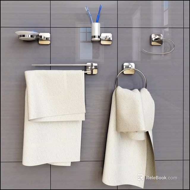Chrome Bathroom Accessories with Towel Rack Towel Ring and Hanging White Towels on Wall 3d model 