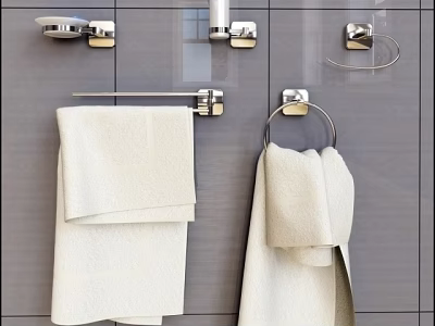 Chrome Bathroom Accessories with Towel Rack Towel Ring and Hanging White Towels on Wall 3d model